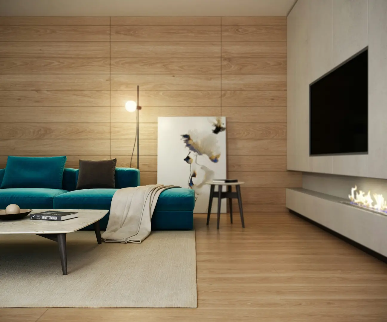 Loungebereich mit Kamin und warmen Holztönen